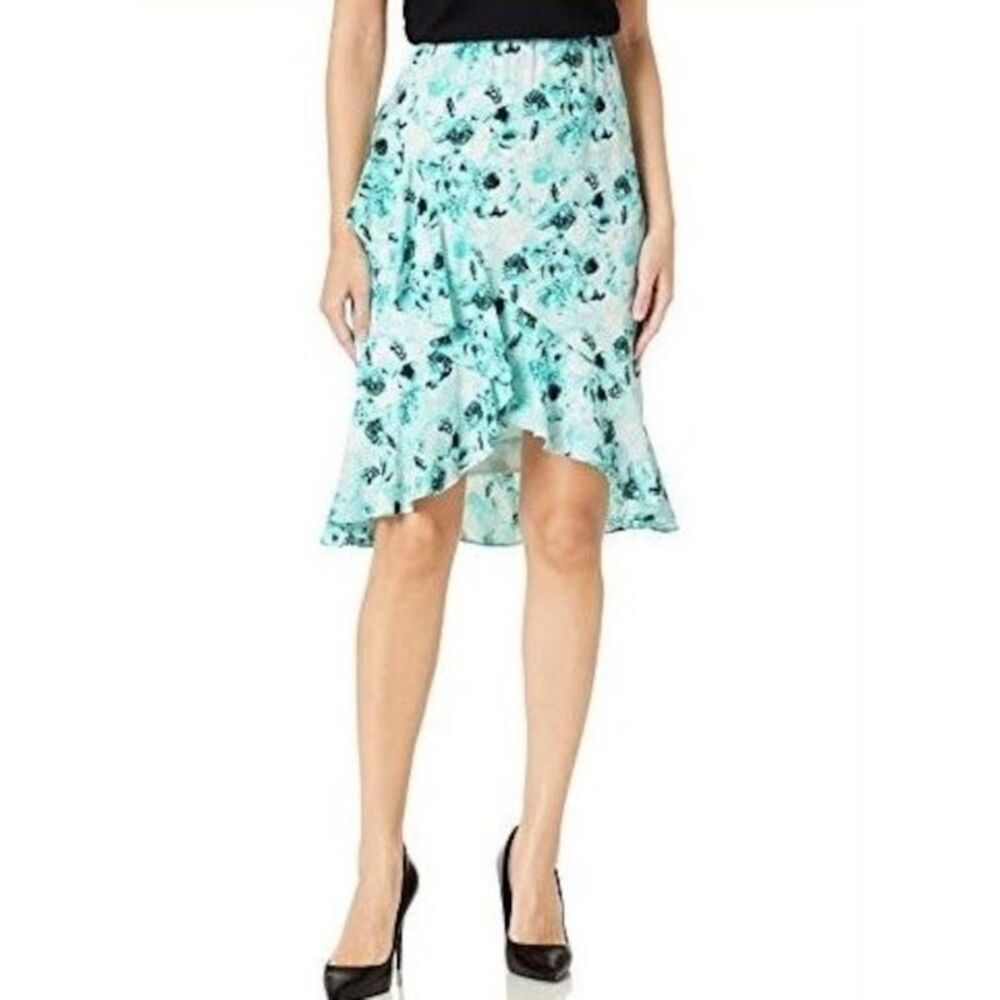 KASPER Womens Aqua Ruffled Floral Knee Length A-Line Skirt Size: 10